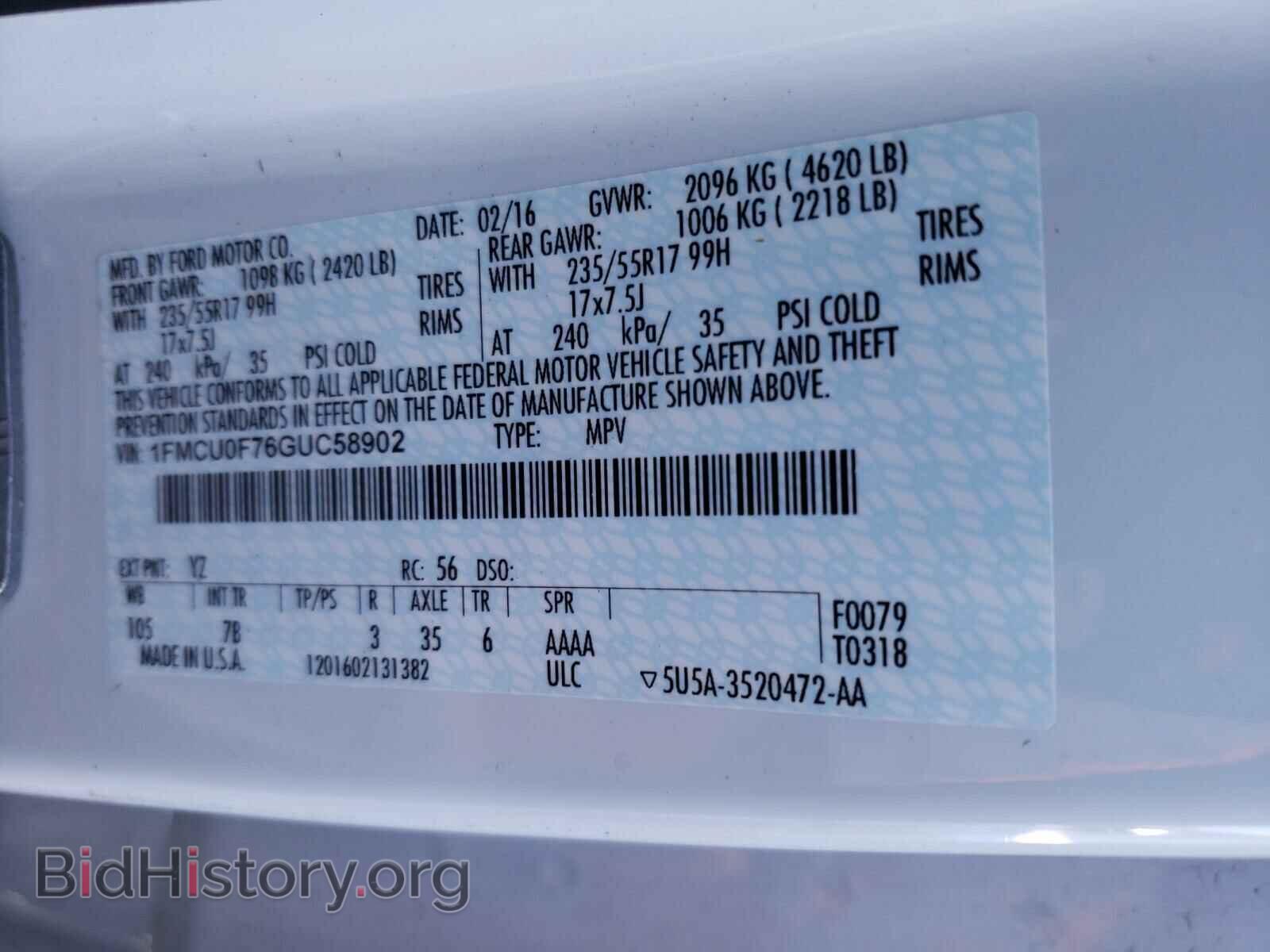 2016 FORD ESCAPE - VIN: 1FMCU0F76GUC58902 - Фото 10