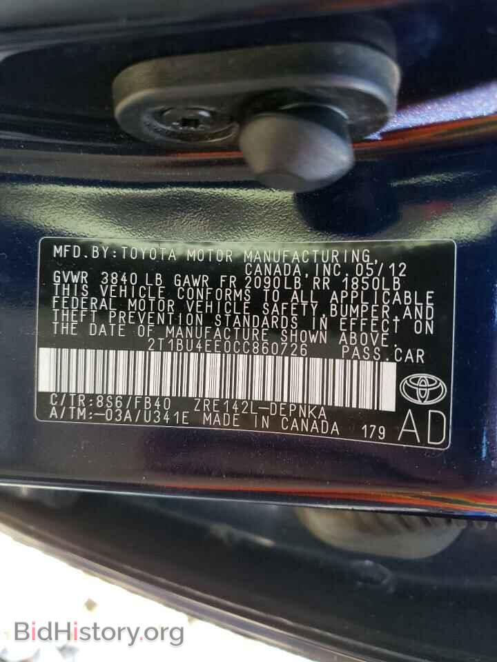2012 TOYOTA COROLLA - VIN: 2T1BU4EE0CC860726 - Фото 10