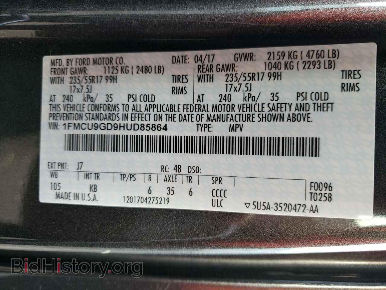 2017 FORD ESCAPE - VIN: 1FMCU9GD9HUD85864 - Фото 10