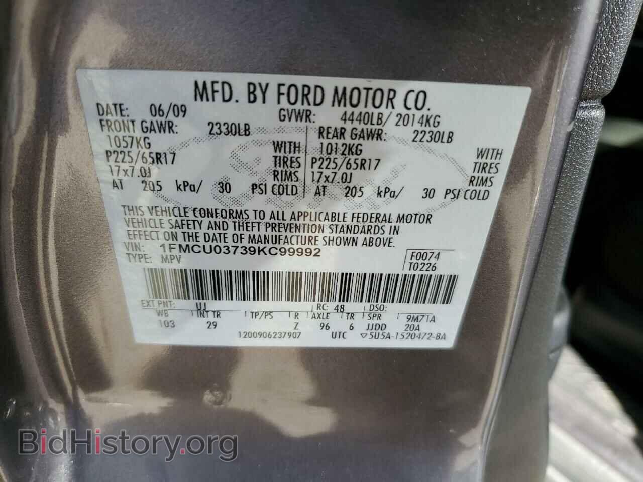 2009 FORD ESCAPE - VIN: 1FMCU03739KC99992 - Фото 10