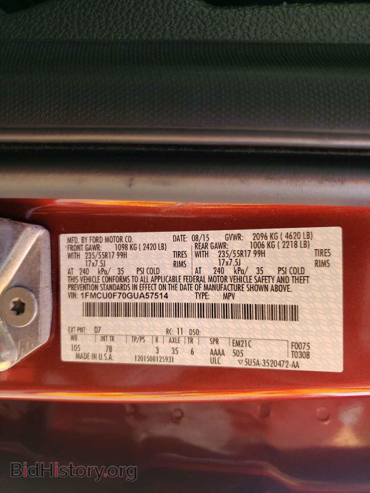 2016 FORD ESCAPE - VIN: 1FMCU0F70GUA57514 - Фото 10