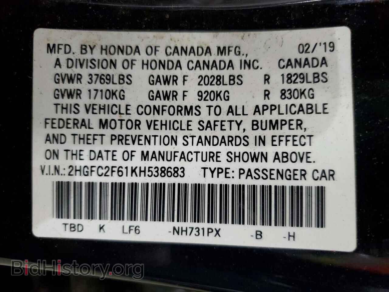 2019 HONDA CIVIC - VIN: 2HGFC2F61KH538683 - Photo 12