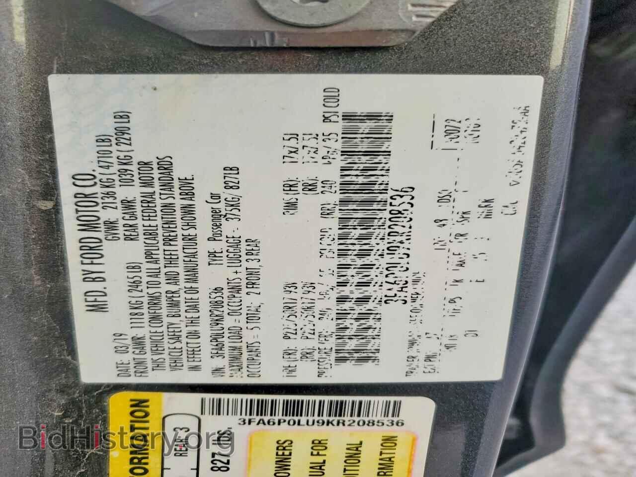 2019 FORD FUSION - VIN: 3FA6P0LU9KR208536 - Photo 12