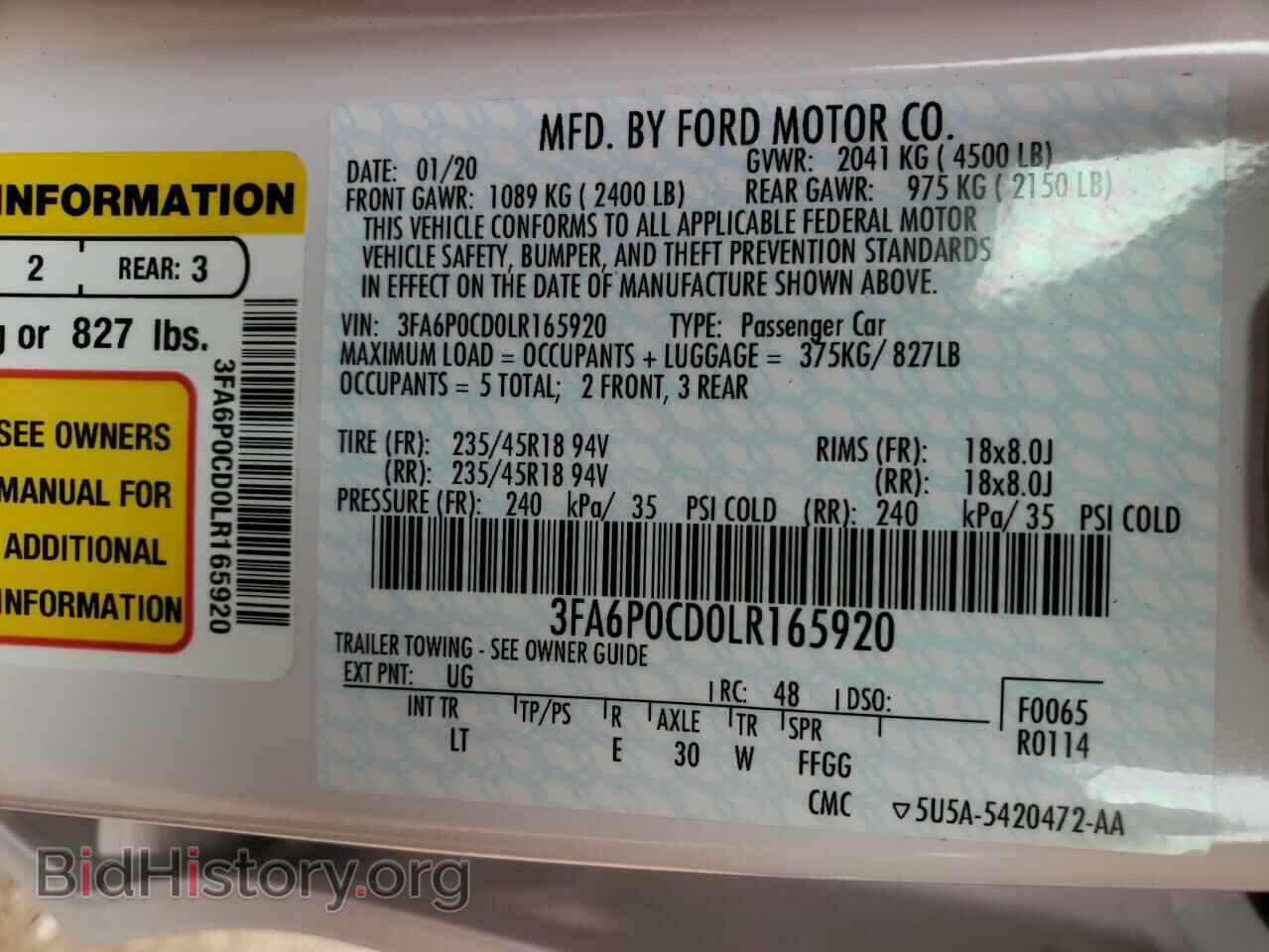 2020 FORD FUSION - VIN: 3FA6P0CD0LR165920 - Фото 10