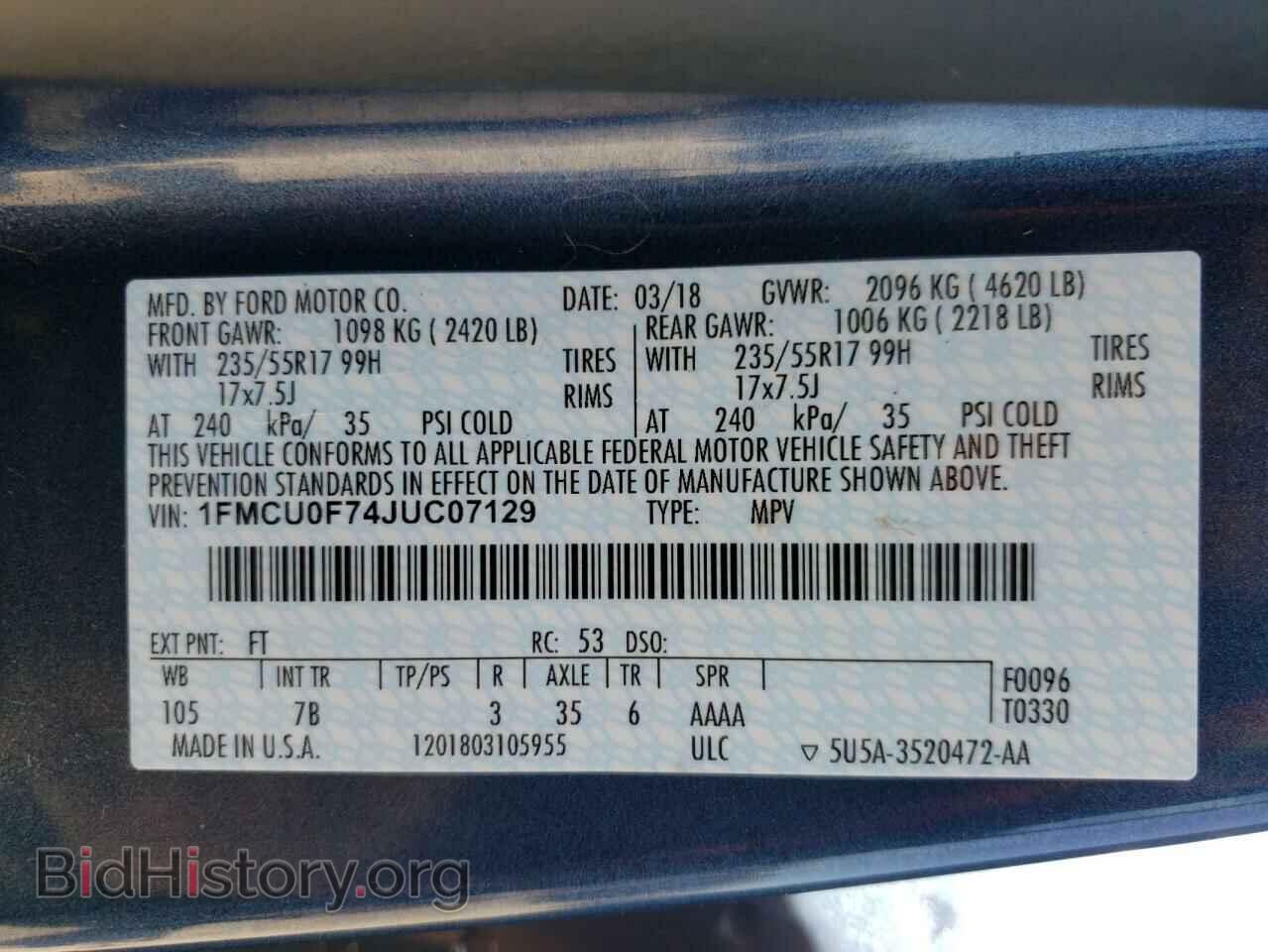 2018 FORD ESCAPE - VIN: 1FMCU0F74JUC07129 - Фото 10