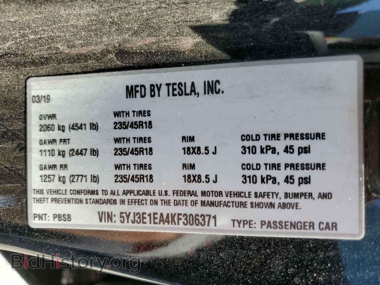 2019 TESLA MODEL 3 - VIN: 5YJ3E1EA4KF306371 - Фото 12