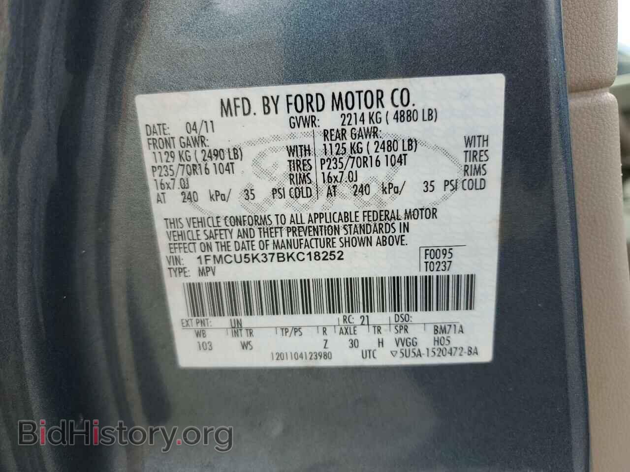 2011 FORD ESCAPE - VIN: 1FMCU5K37BKC18252 - Фото 10