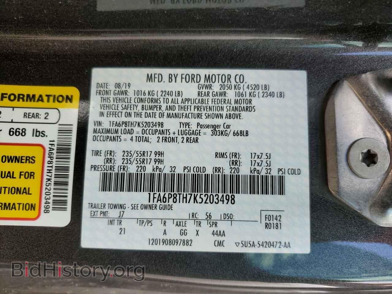 2019 FORD ALL Models - VIN: 1FA6P8TH7K5203498 - Фото 12