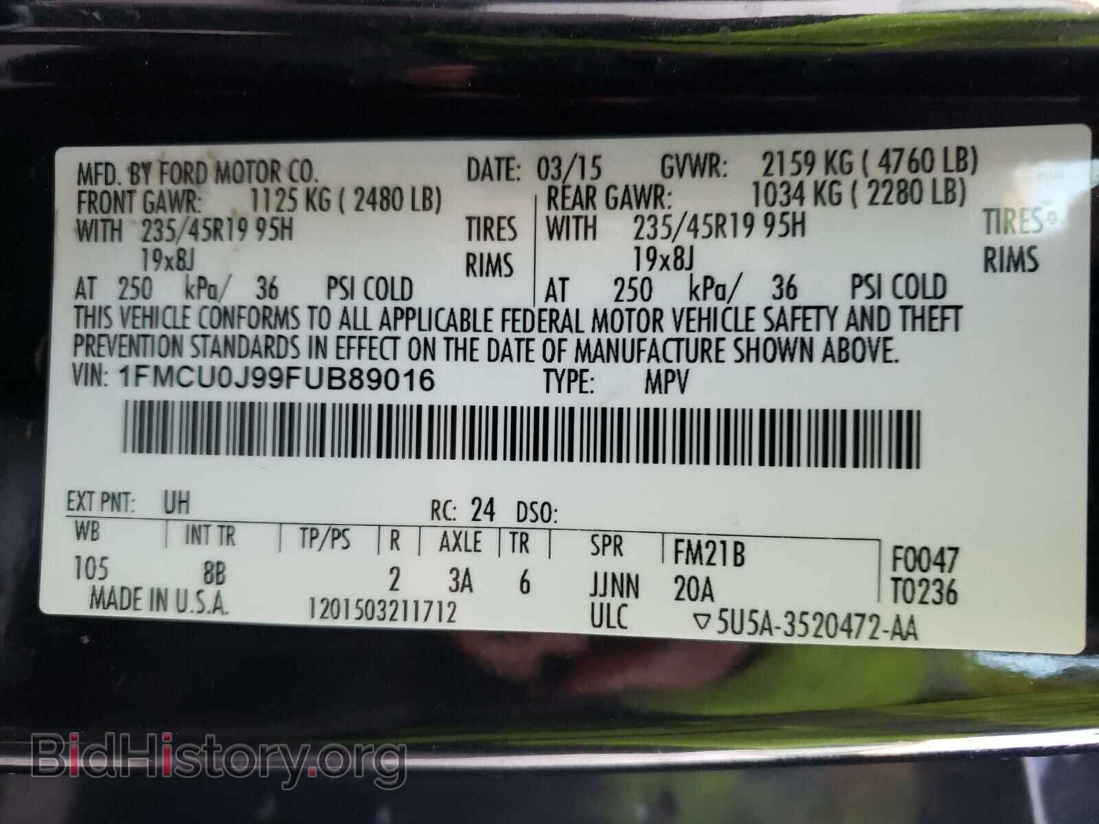 2015 FORD ESCAPE - VIN: 1FMCU0J99FUB89016 - Фото 10