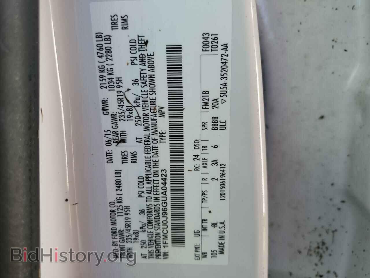2016 FORD ESCAPE - VIN: 1FMCU0J96GUA04423 - Фото 10