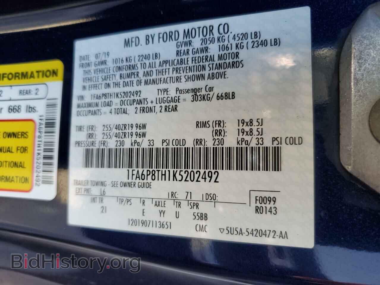2019 FORD ALL Models - VIN: 1FA6P8TH1K5202492 - Фото 12