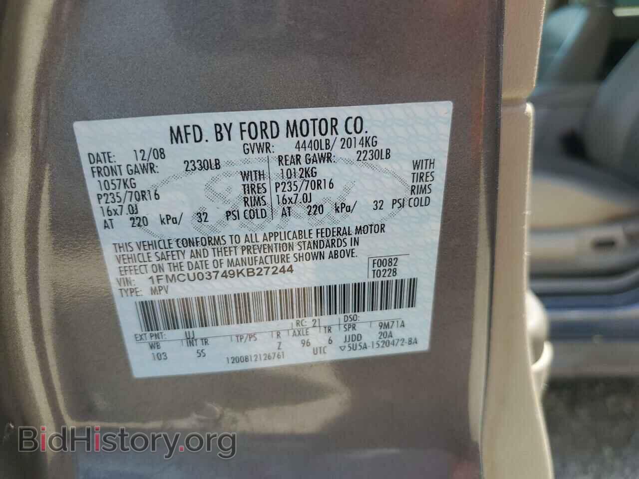 2009 FORD ESCAPE - VIN: 1FMCU03749KB27244 - Фото 13