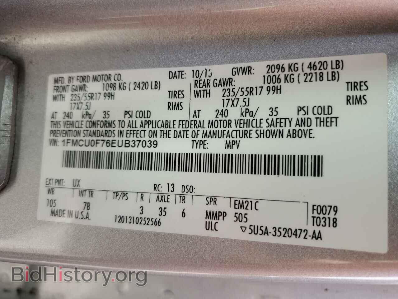 2014 FORD ESCAPE - VIN: 1FMCU0F76EUB37039 - Фото 10