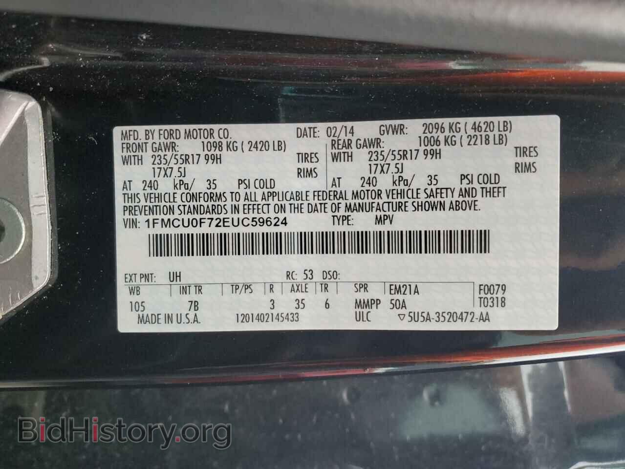 2014 FORD ESCAPE - VIN: 1FMCU0F72EUC59624 - Фото 12