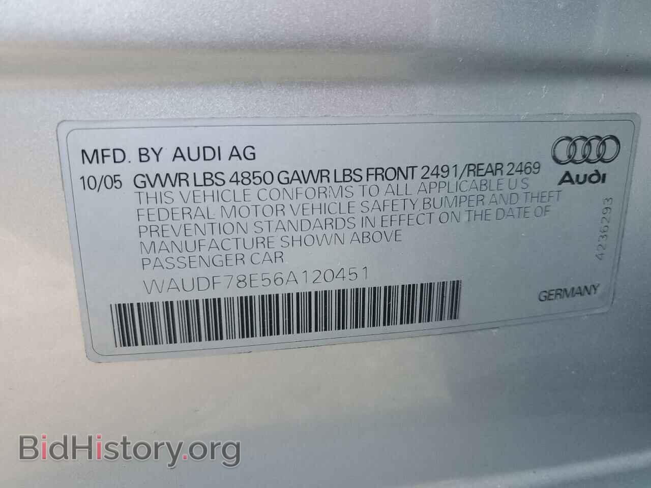 2006 AUDI A4 - VIN: WAUDF78E56A120451 - Фото 10