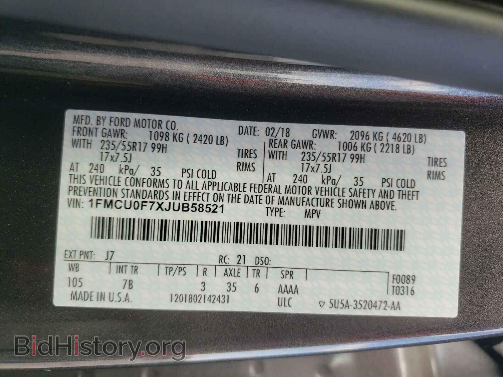 2018 FORD ESCAPE - VIN: 1FMCU0F7XJUB58521 - Фото 10