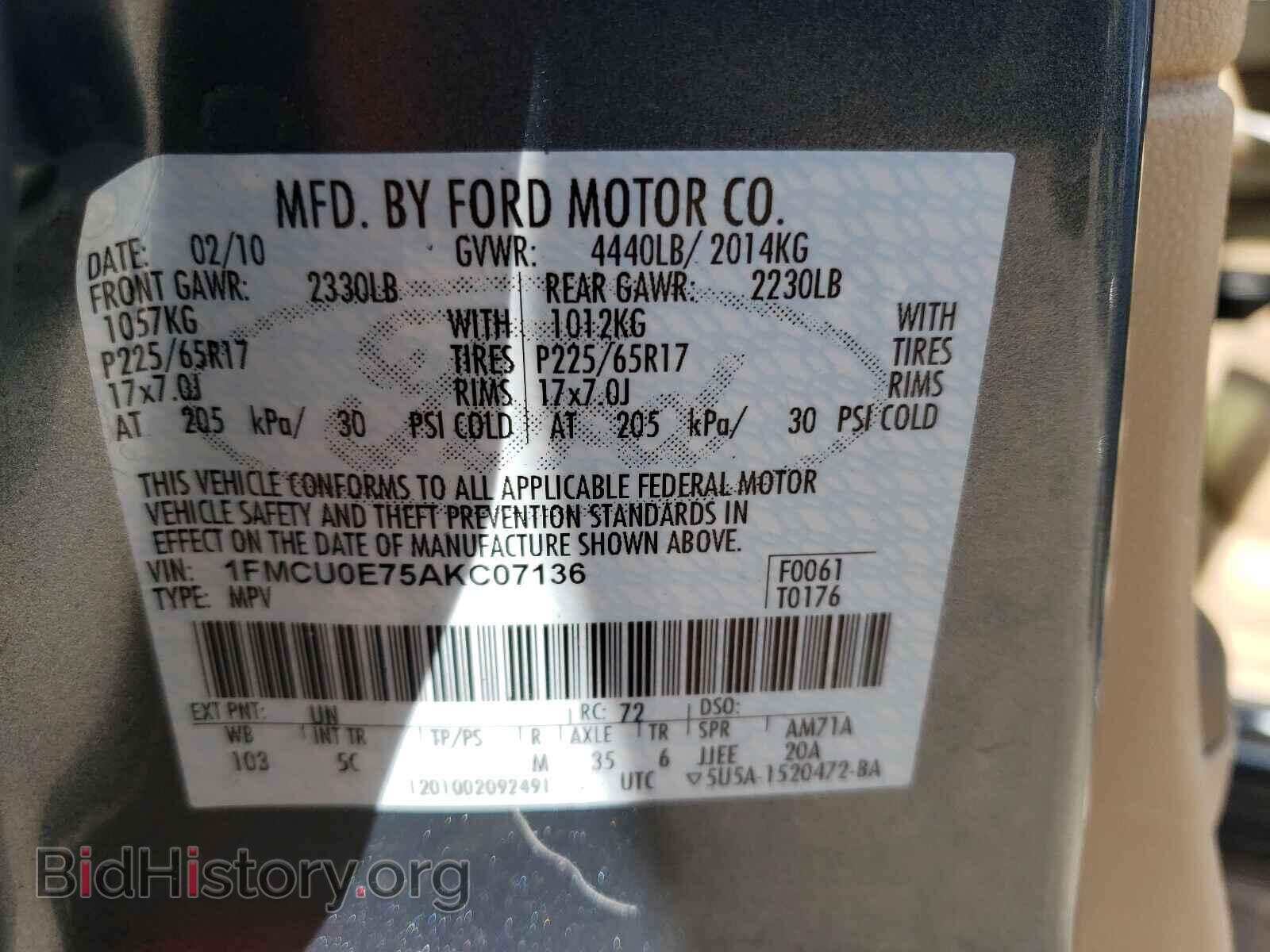 2010 FORD ESCAPE - VIN: 1FMCU0E75AKC07136 - Фото 10