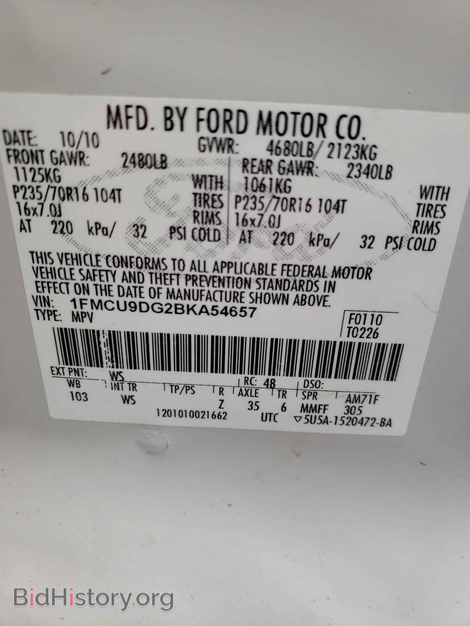 2011 FORD ESCAPE - VIN: 1FMCU9DG2BKA54657 - Фото 10