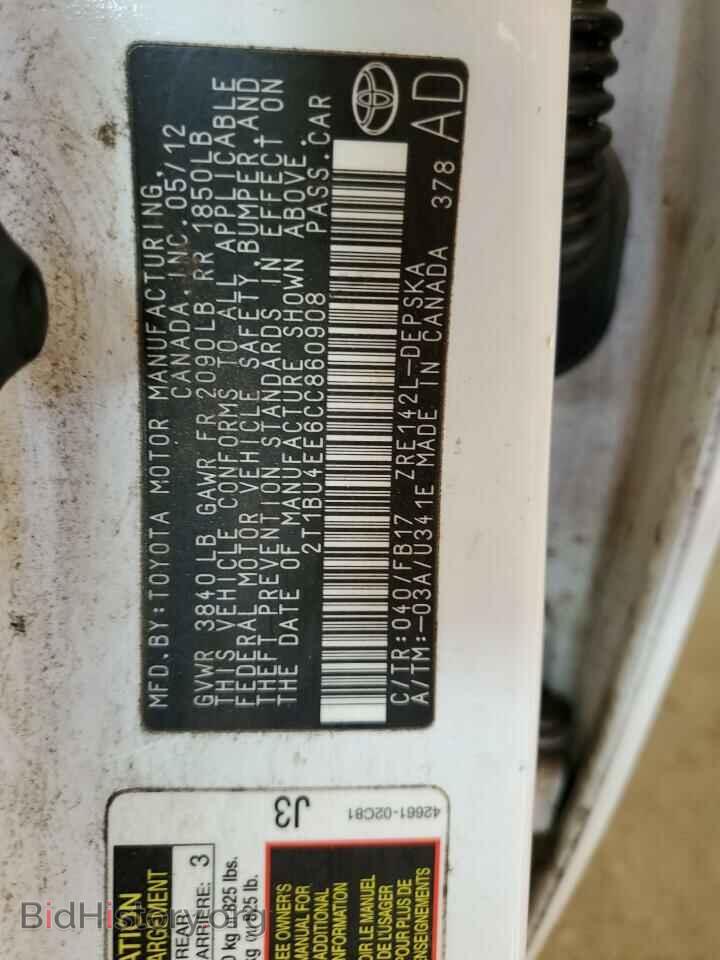 2012 TOYOTA COROLLA - VIN: 2T1BU4EE6CC860908 - Фото 10