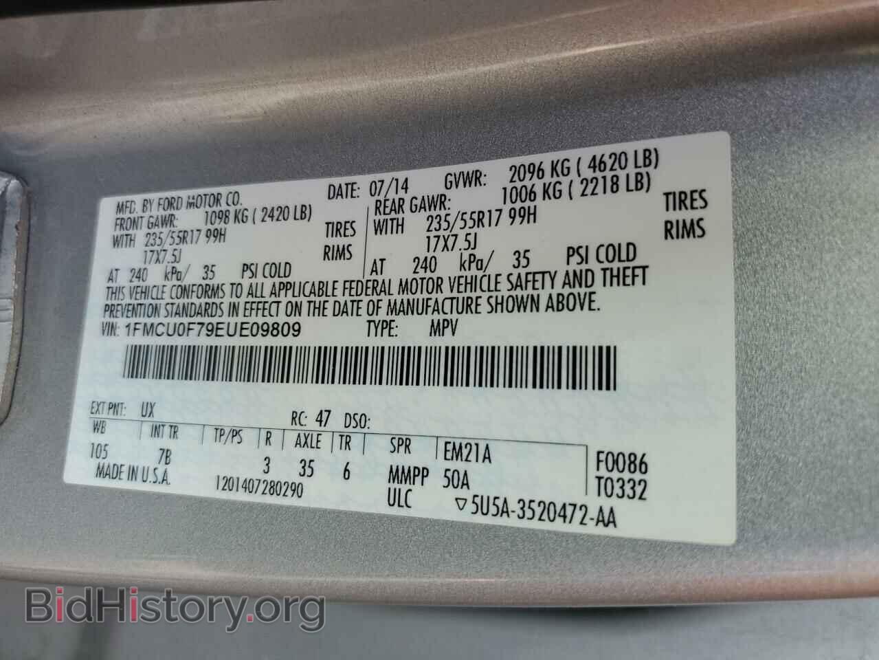 2014 FORD ESCAPE - VIN: 1FMCU0F79EUE09809 - Фото 13