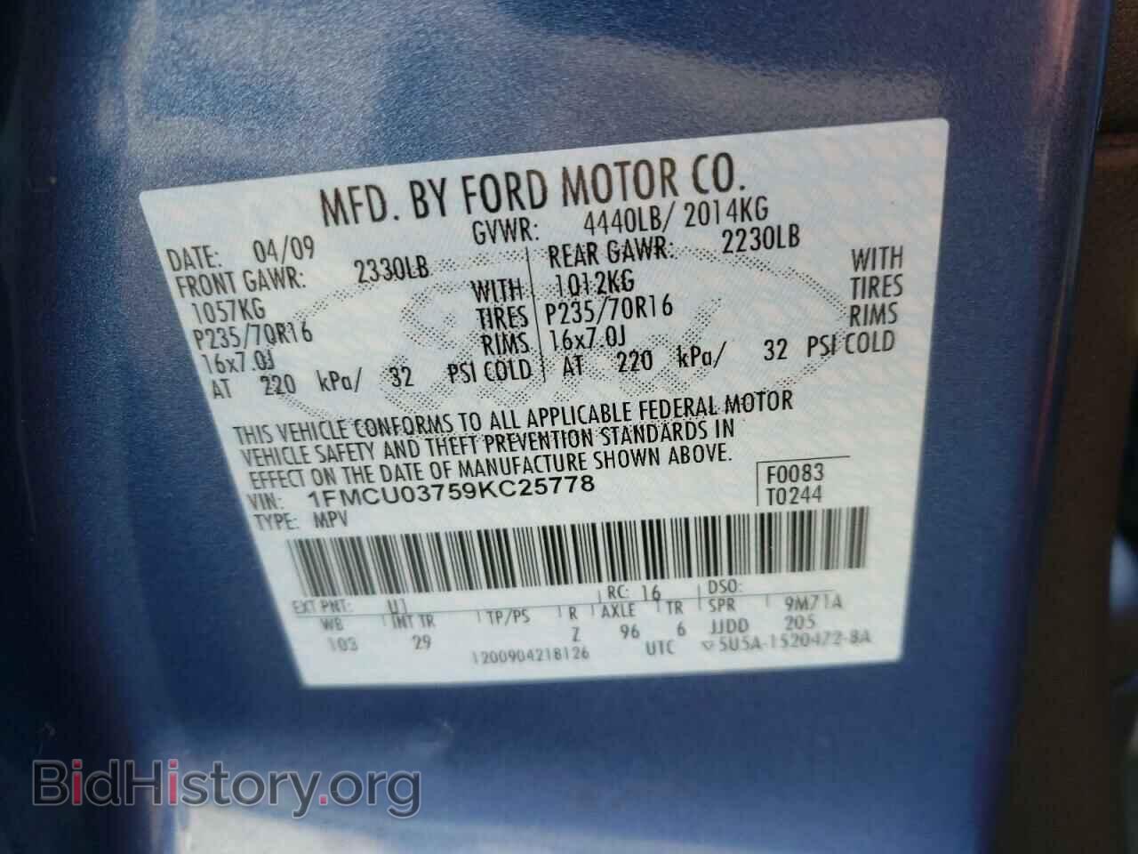 2009 FORD ESCAPE - VIN: 1FMCU03759KC25778 - Фото 10