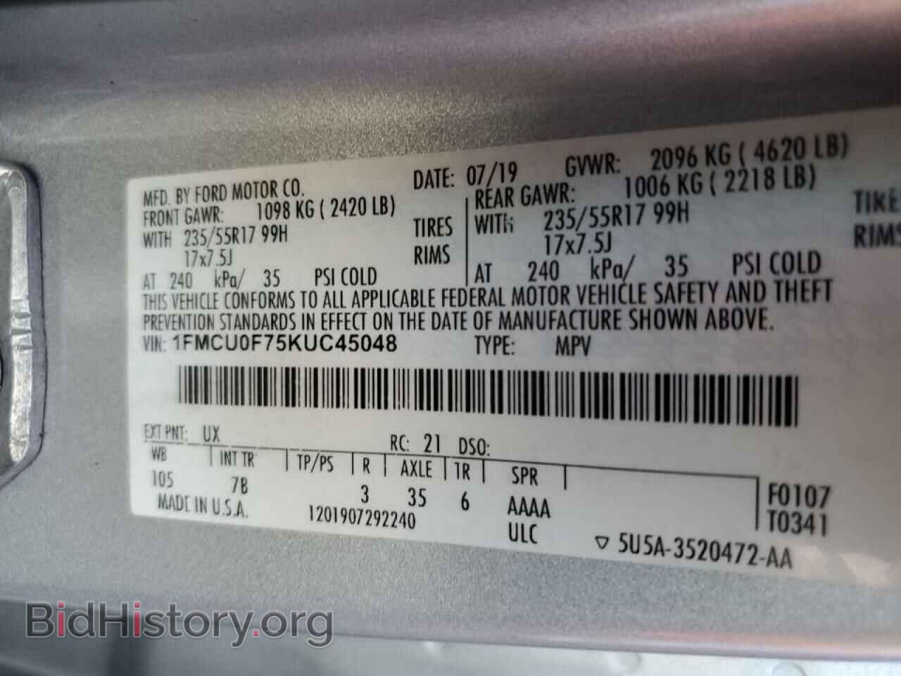 2019 FORD ESCAPE - VIN: 1FMCU0F75KUC45048 - Фото 10