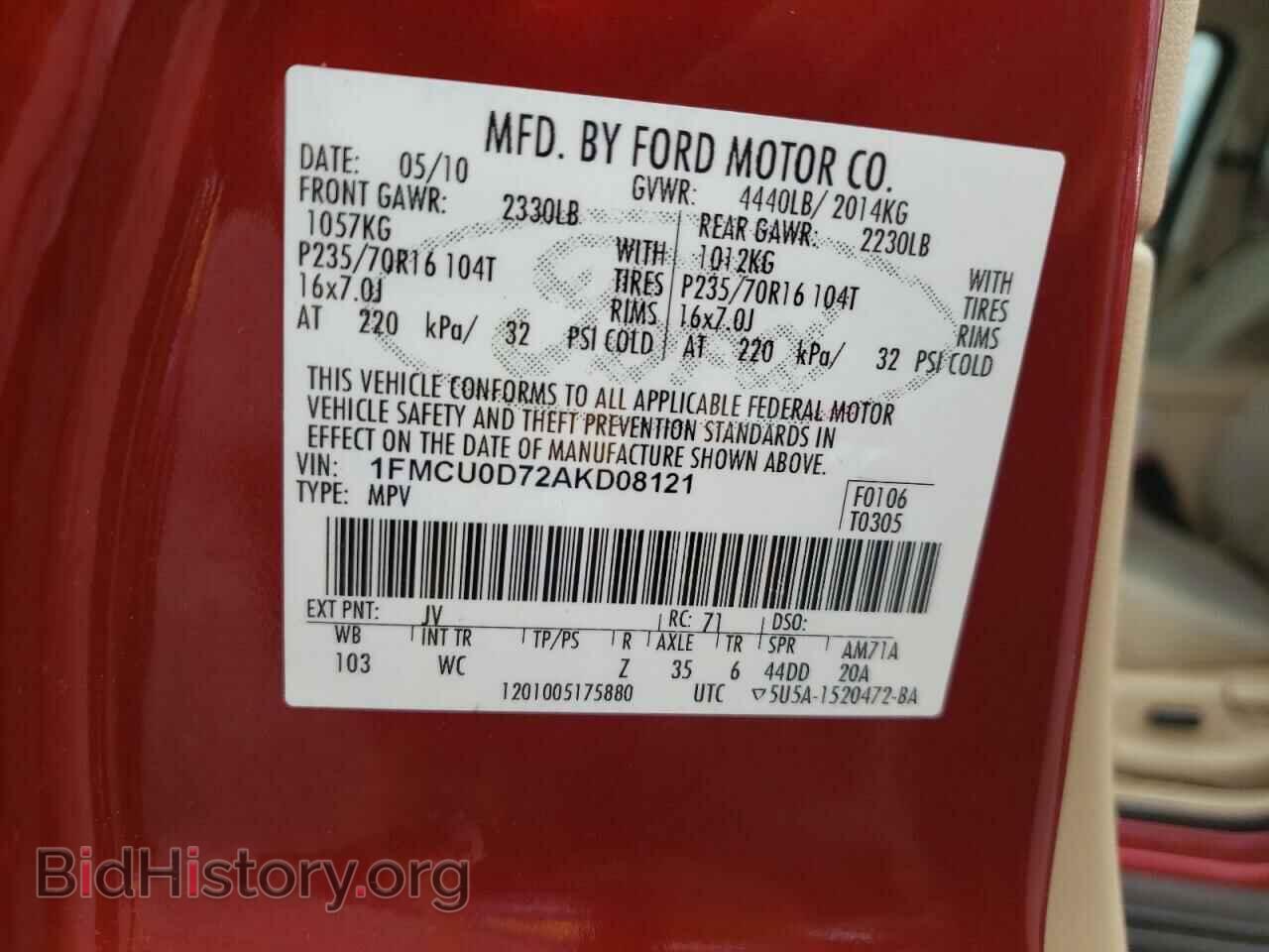 2010 FORD ESCAPE - VIN: 1FMCU0D72AKD08121 - Фото 10
