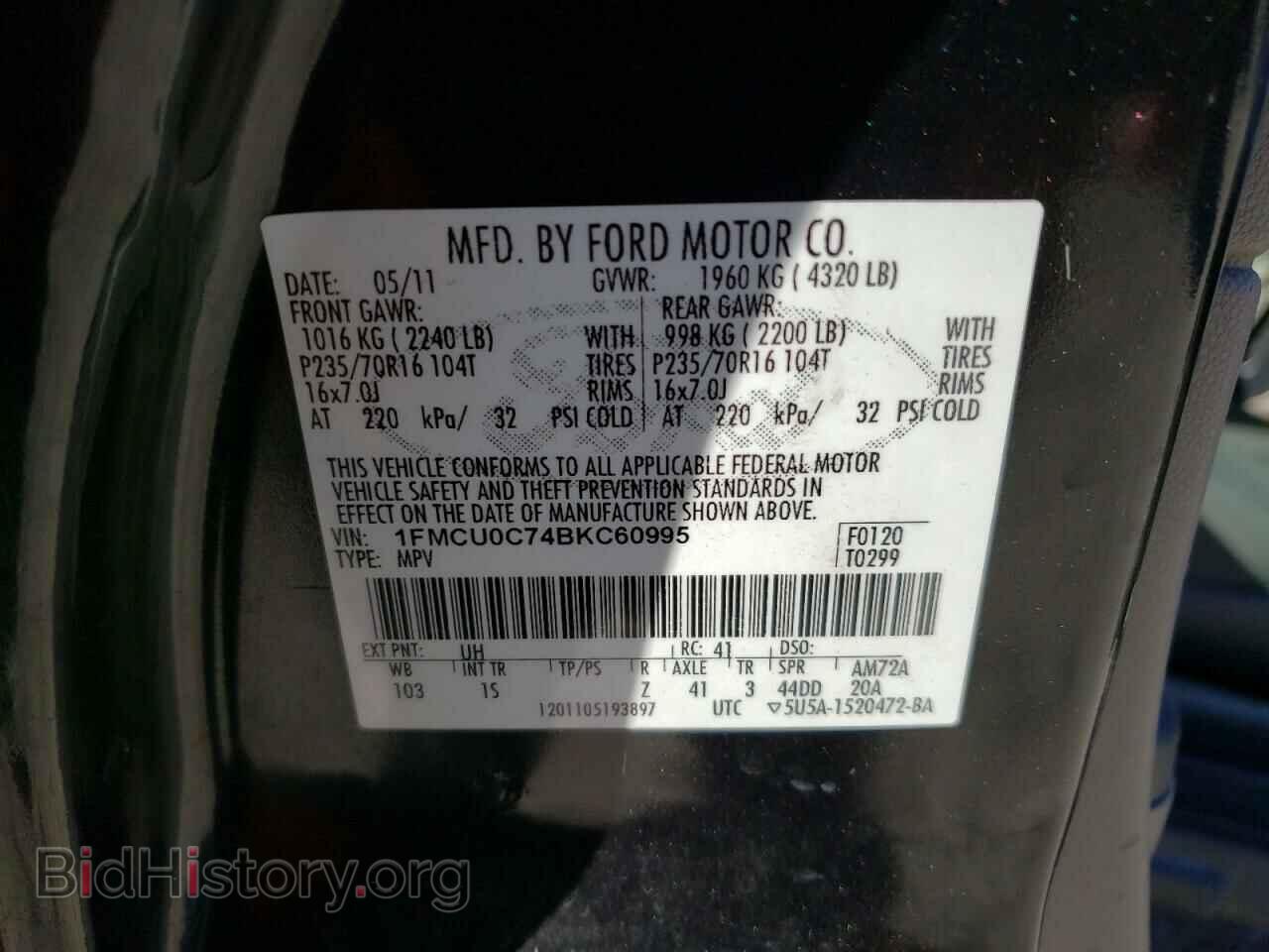 2011 FORD ESCAPE - VIN: 1FMCU0C74BKC60995 - Фото 10