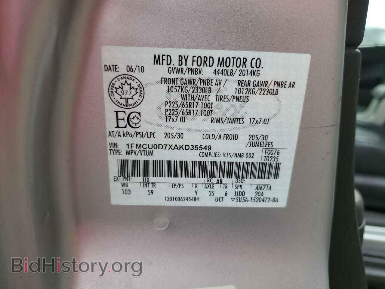 2010 FORD ESCAPE - VIN: 1FMCU0D7XAKD35549 - Фото 13