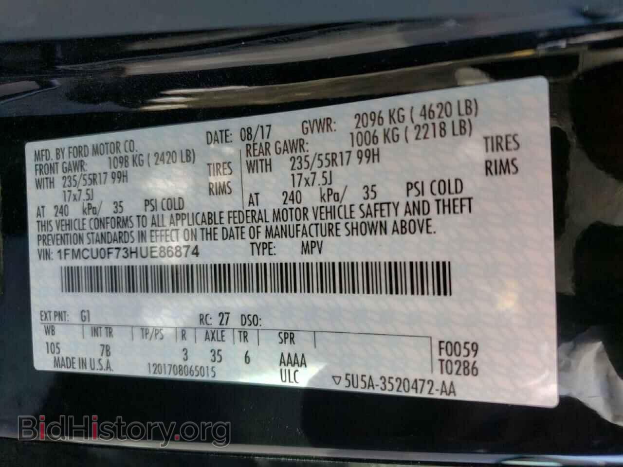 2017 FORD ESCAPE - VIN: 1FMCU0F73HUE86874 - Фото 10