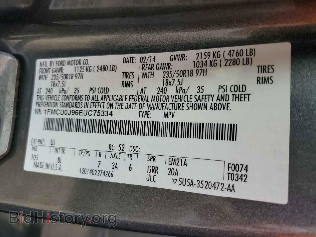2014 FORD ESCAPE - VIN: 1FMCU0J96EUC75334 - Фото 10