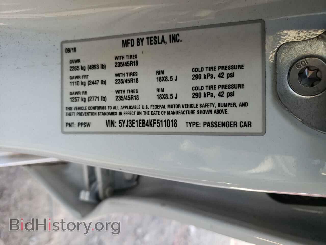 2019 TESLA MODEL 3 - VIN: 5YJ3E1EB4KF511018 - Фото 14