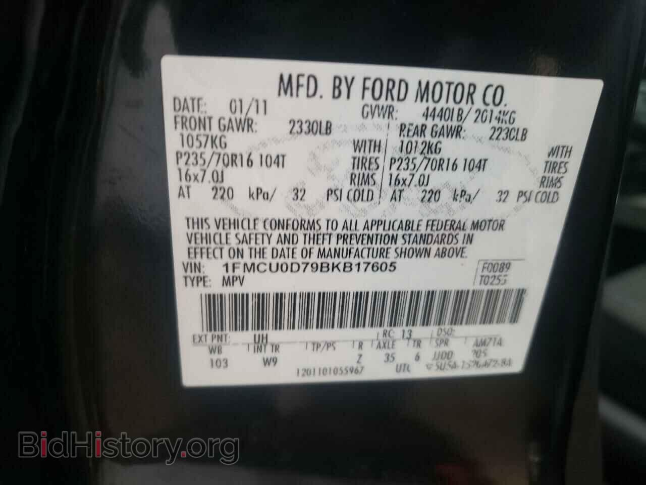 2011 FORD ESCAPE - VIN: 1FMCU0D79BKB17605 - Фото 10