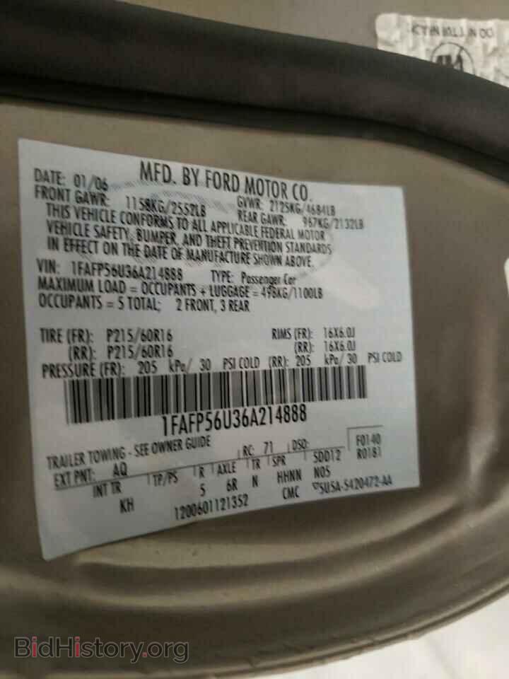 2006 FORD TAURUS - VIN: 1FAFP56U36A214888 - Фото 10