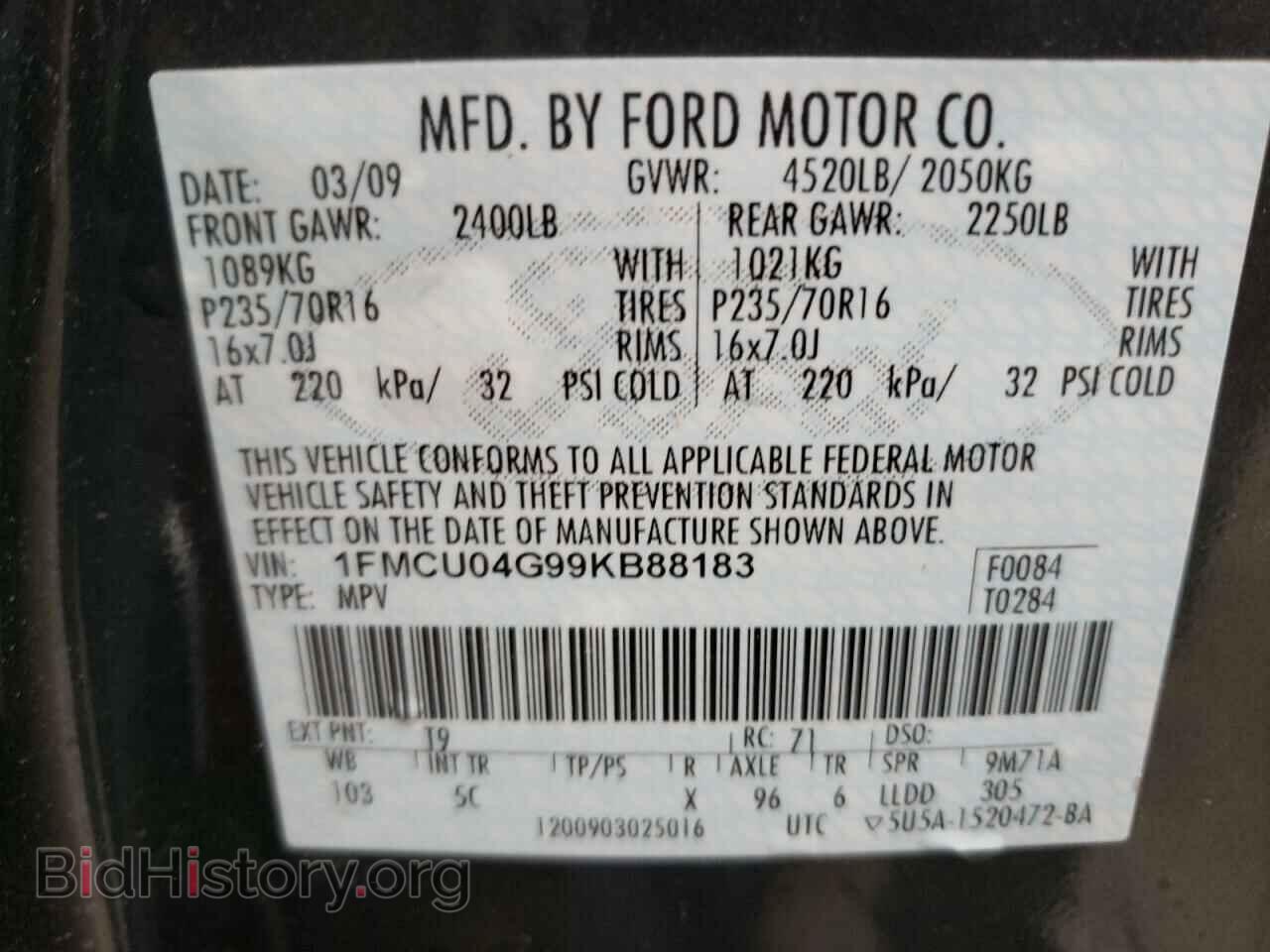 2009 FORD ESCAPE - VIN: 1FMCU04G99KB88183 - Фото 10