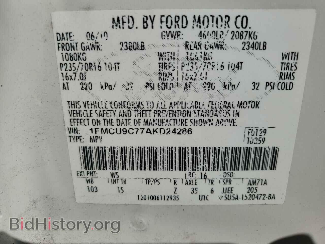 2010 FORD ESCAPE - VIN: 1FMCU9C77AKD24286 - Фото 13