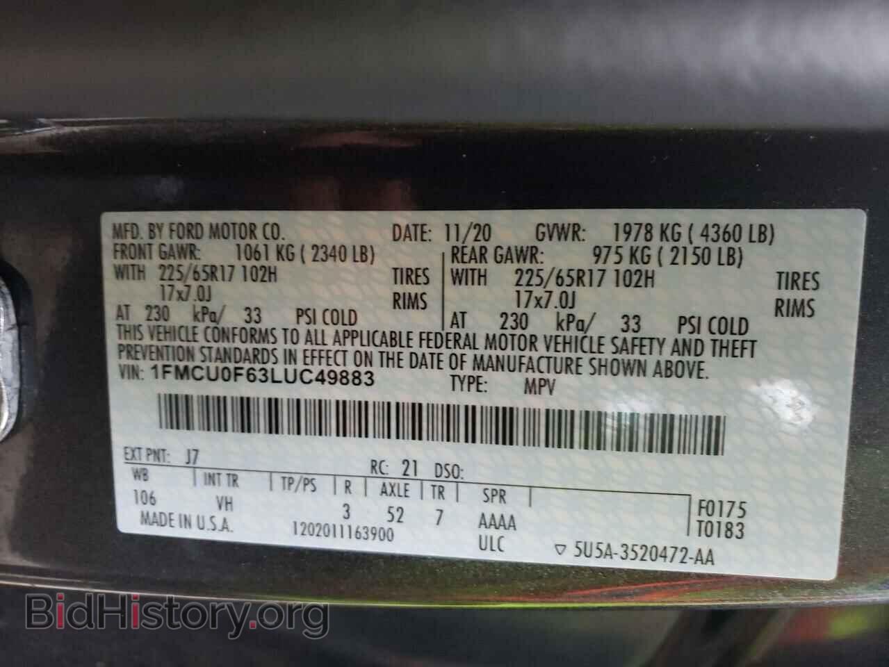 2020 FORD ESCAPE - VIN: 1FMCU0F63LUC49883 - Фото 10