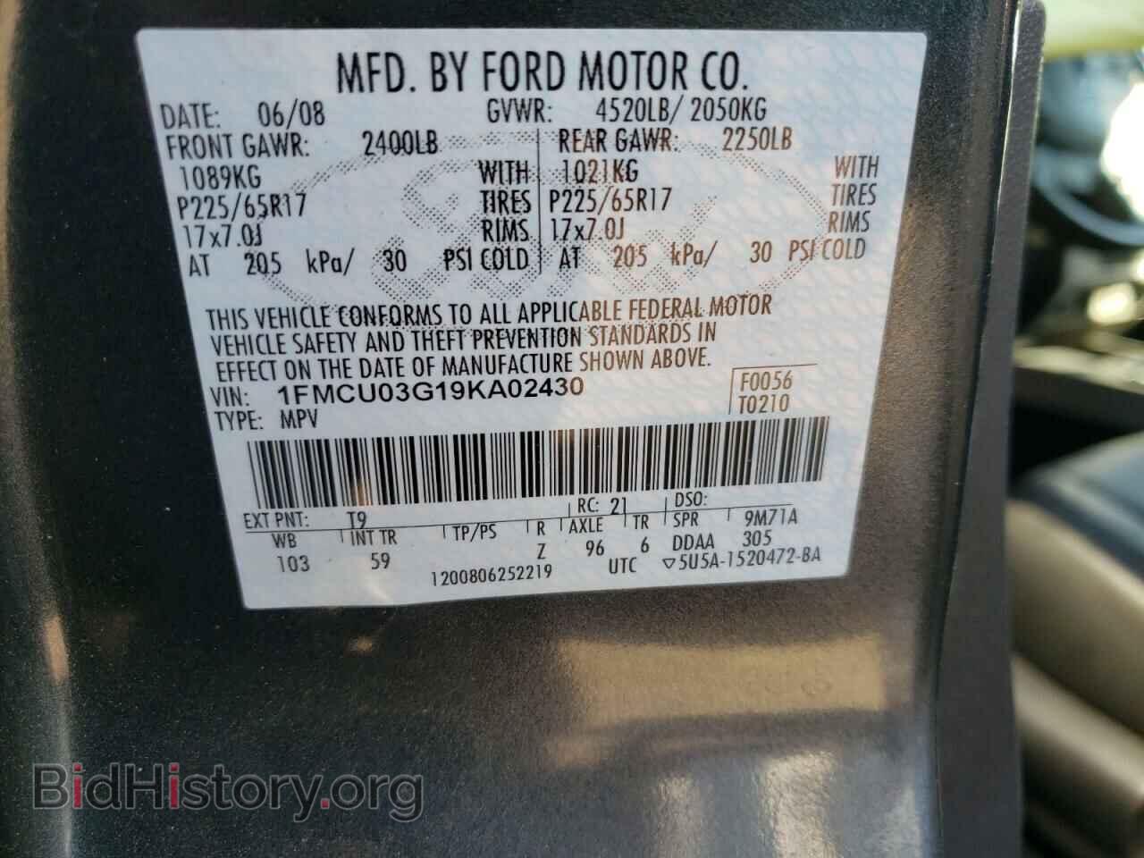 2009 FORD ESCAPE - VIN: 1FMCU03G19KA02430 - Фото 10