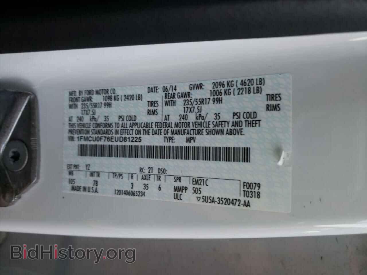 2014 FORD ESCAPE - VIN: 1FMCU0F76EUD81225 - Фото 10