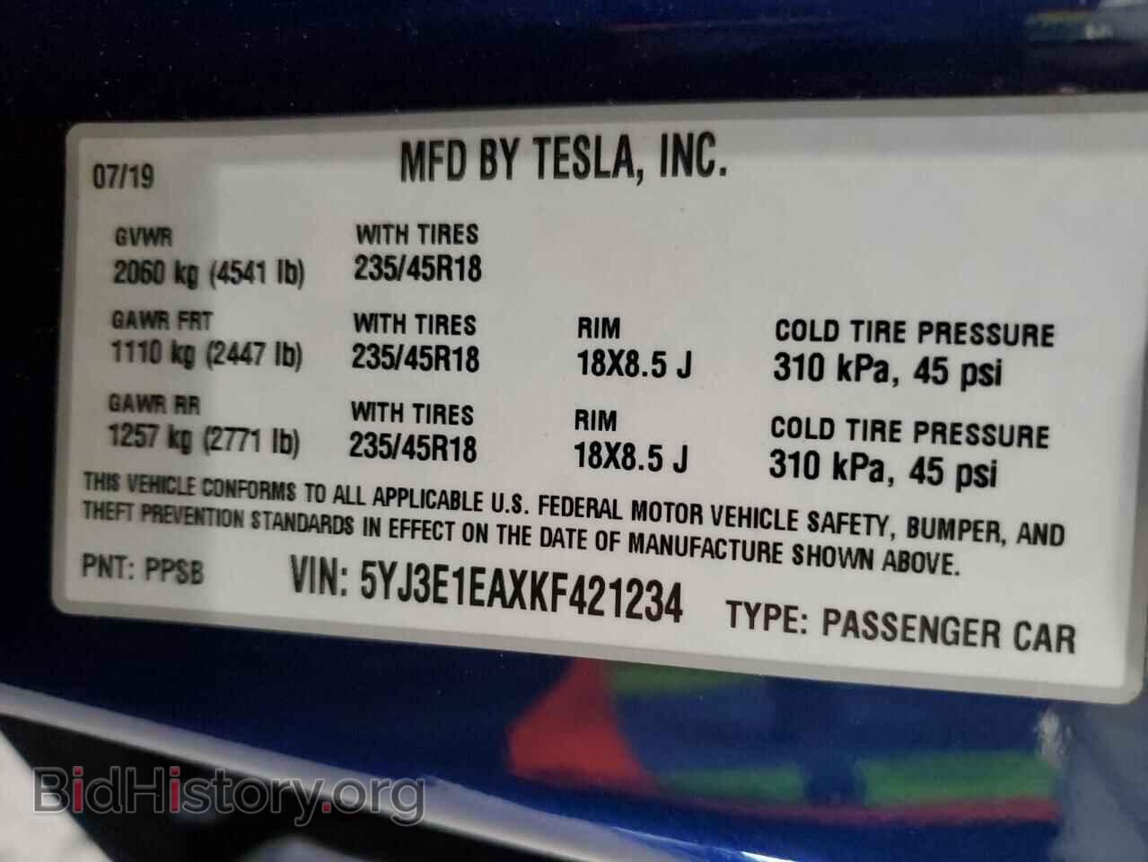 2019 TESLA MODEL 3 - VIN: 5YJ3E1EAXKF421234 - Фото 12