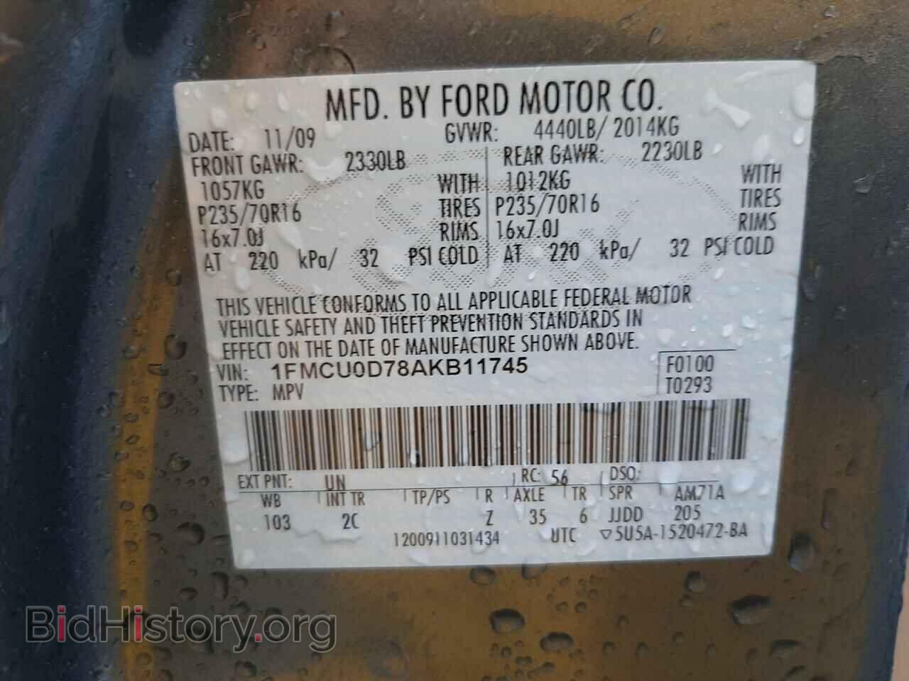 2010 FORD ESCAPE - VIN: 1FMCU0D78AKB11745 - Фото 10