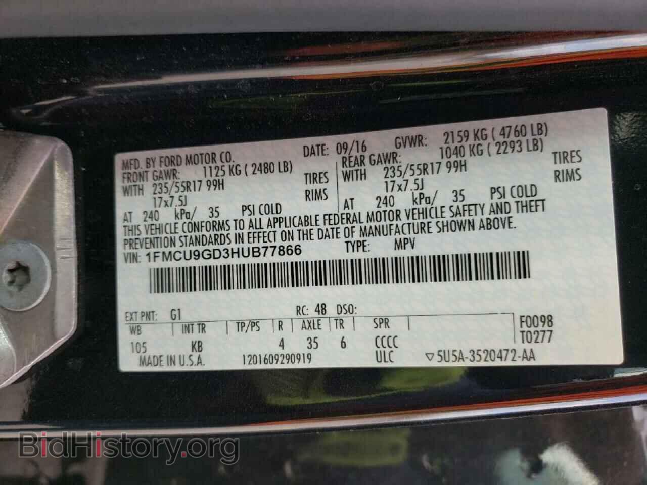 2017 FORD ESCAPE - VIN: 1FMCU9GD3HUB77866 - Фото 10