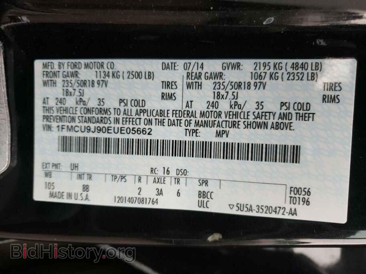 2014 FORD ESCAPE - VIN: 1FMCU9J90EUE05662 - Фото 10