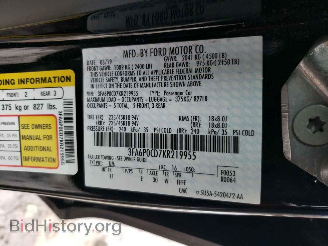 2019 FORD FUSION - VIN: 3FA6P0CD7KR219955 - Фото 10
