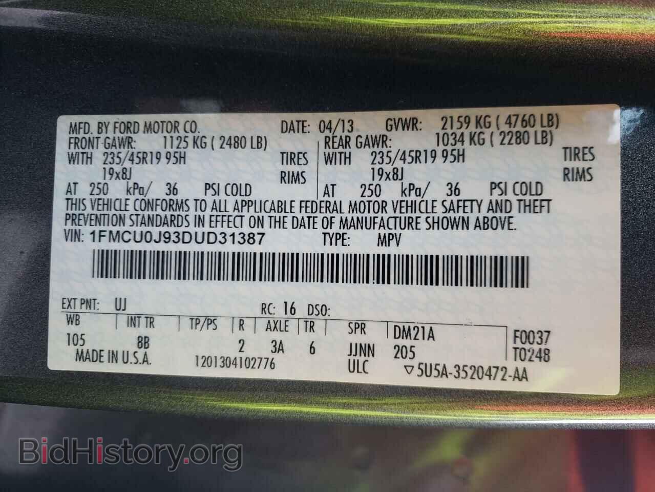 2013 FORD ESCAPE - VIN: 1FMCU0J93DUD31387 - Фото 10