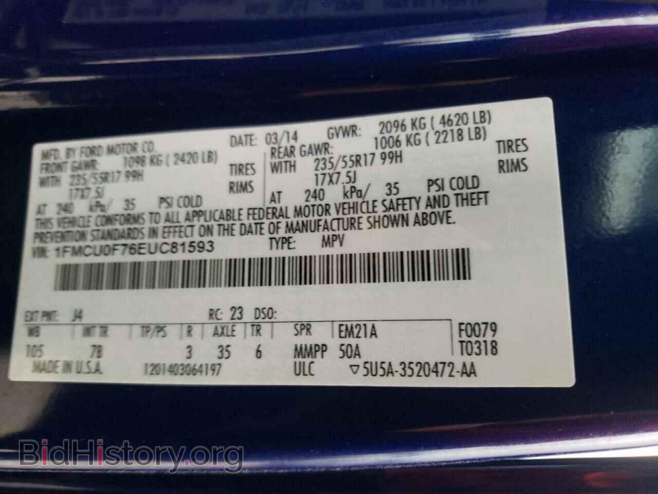 2014 FORD ESCAPE - VIN: 1FMCU0F76EUC81593 - Фото 10