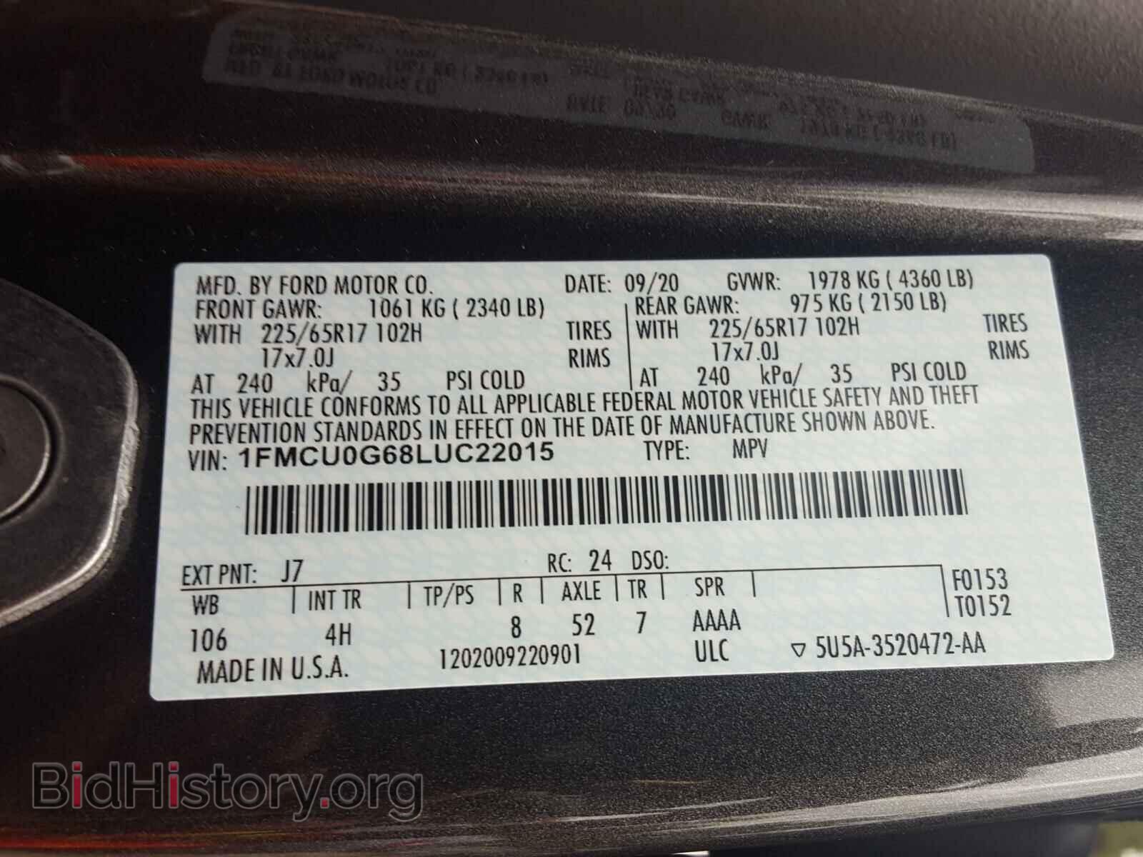 2020 FORD ESCAPE - VIN: 1FMCU0G68LUC22015 - Фото 10