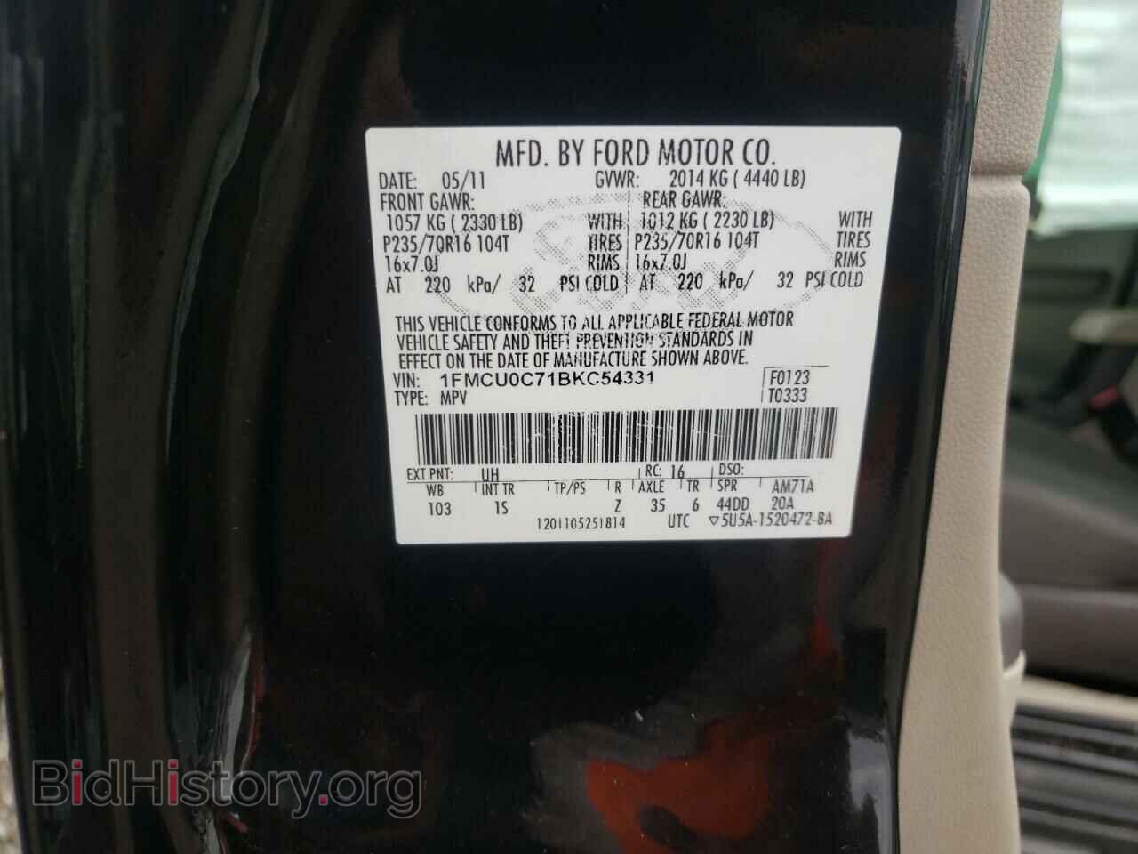 2011 FORD ESCAPE - VIN: 1FMCU0C71BKC54331 - Фото 10