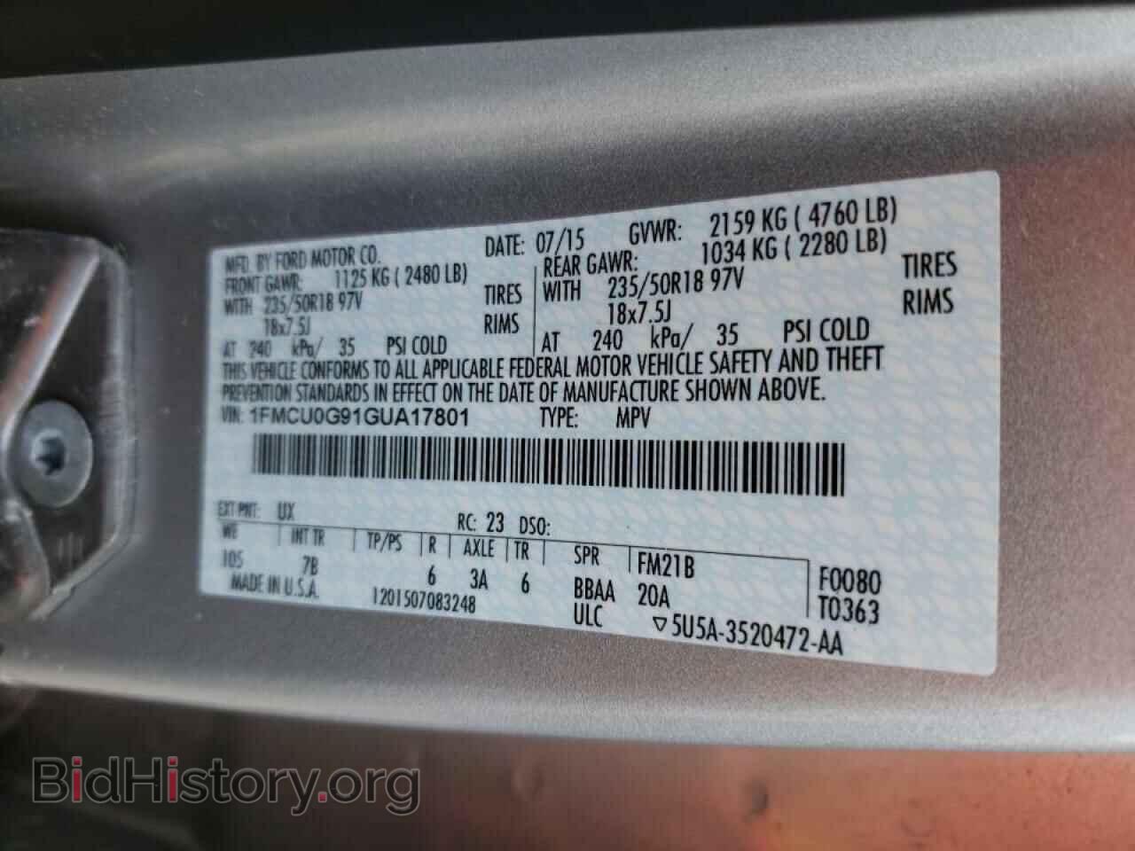 2016 FORD ESCAPE - VIN: 1FMCU0G91GUA17801 - Фото 10