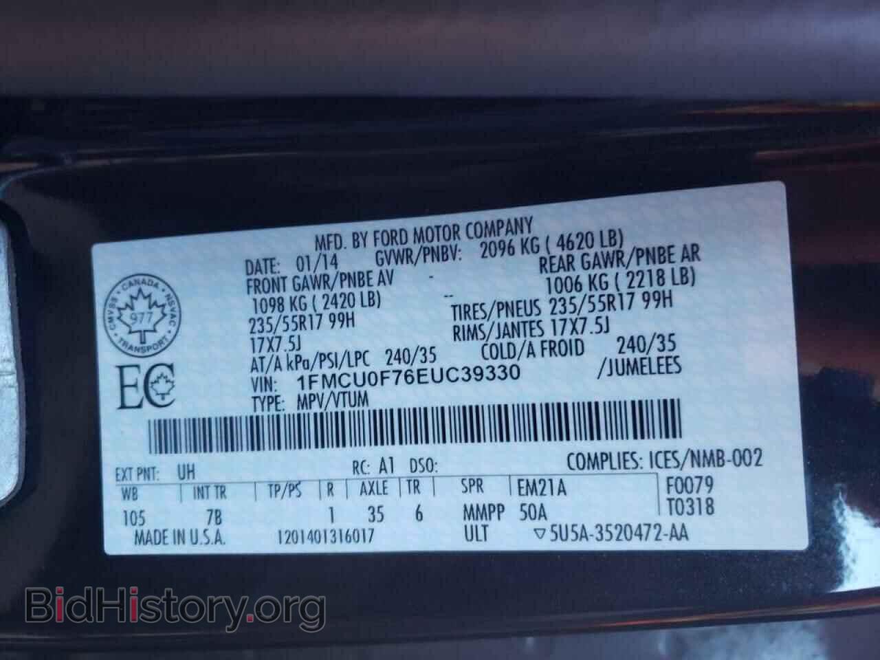 2014 FORD ESCAPE - VIN: 1FMCU0F76EUC39330 - Фото 10